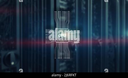 Icon CPU on the background of a large data center Stock Photo