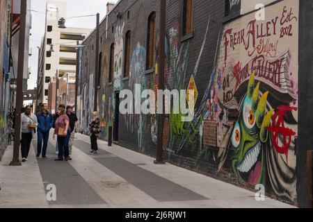 Freak Alley is a notable venue for murals, graffiti and public art located in an alley in downtown Boise, Idaho. Located between 8th and 9th street. Stock Photo