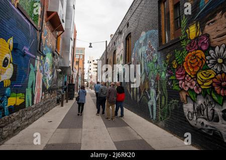 Freak Alley is a notable venue for murals, graffiti and public art located in an alley in downtown Boise, Idaho. Located between 8th and 9th street. Stock Photo