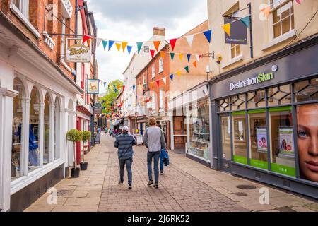 Pedestrian cobbles street of Church Street in the city of Hereford, Herefordshire, England, UK. Stock Photo