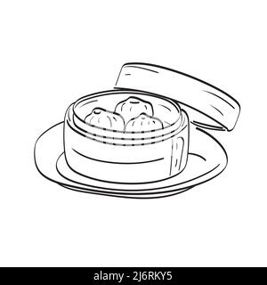 Chinese dumpling in a bamboo steamer box illustration vector hand drawn isolated on white background line art. Stock Vector