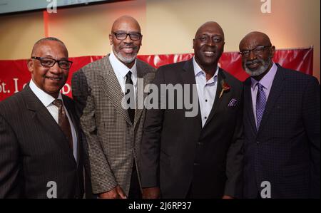 Former St. Louis Football Cardinals players gather for a photo with former teammate Ottis Anderson during induction ceremonies for the St. Louis Sports Hall of Fame in Sunset Hills, Missouri on Tuesday, May 3, 2022. Pictured is (L to R) Willard Harrell, Theotis Brown II, Anderson and Roy Green. Photo by Bill Greenblatt/UPI Stock Photo