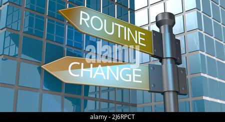 Routine or change road sign with building facade, 3d rendering Stock Photo
