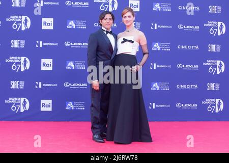 Miriam Leone and Paolo Carullo attend the red carpet of David di Donatello 2022 awards ceremony in Rome (Photo by Matteo Nardone / Pacific Press) Stock Photo