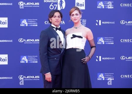 Miriam Leone and Paolo Carullo attend the red carpet of David di Donatello 2022 awards ceremony in Rome (Photo by Matteo Nardone / Pacific Press) Stock Photo