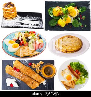 View of many plates with different food over white background Stock Photo