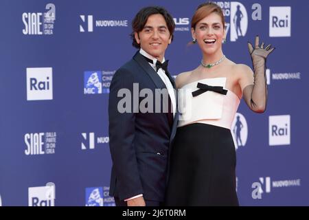 Miriam Leone (R) and Paolo Carullo (L) attend the red carpet of the 67th Premi David di Donatello 2022 at Cinecittà Studios. (Photo by Mario Cartelli / SOPA Images/Sipa USA) Stock Photo