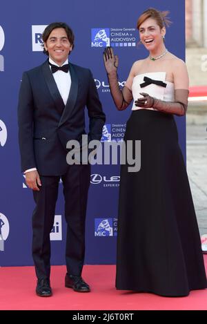 Miriam Leone (R) and Paolo Carullo (L) attend the red carpet of the 67th Premi David di Donatello 2022 at Cinecittà Studios. (Photo by Mario Cartelli / SOPA Images/Sipa USA) Stock Photo