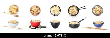 Set of bowls with tasty Chinese noodles on white background Stock Photo