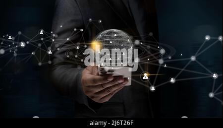 Business global internet connection  Businessman using phone on application technology communication Smart city and IoT (Internet of Things) Stock Photo