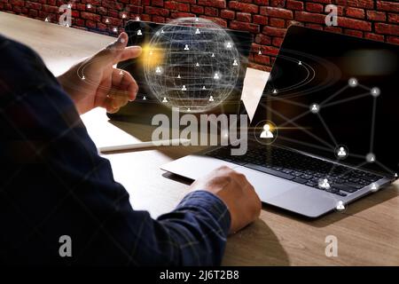 Business global internet connection  Businessman using phone on application technology communication Smart city and IoT (Internet of Things) Stock Photo