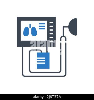 Medical ventilator related vector glyph icon. Ventilator with image of lungs on screen. Medical ventilator sign. Isolated on white background. Editabl Stock Vector