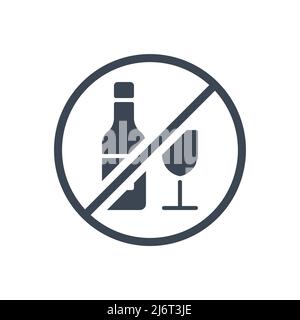 No alcohol sign related vector glyph icon. Bottle of wine and glass in prohibitory sign. Isolated on white background. Editable vector illustration Stock Vector