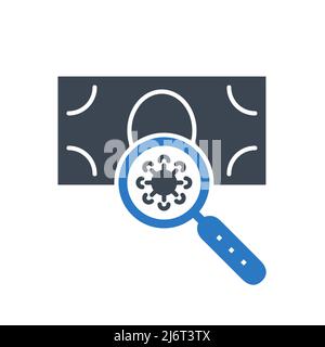 Virus on surface of banknote related vector glyph icon. Cornavirus in magnifying glass on surface of banknote. Isolated on white background. Editable Stock Vector