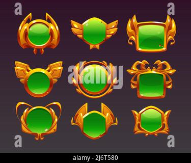 Green game buttons, achievement badges with golden frames. Vector ...