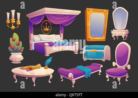 Luxury furniture for royal bedroom. Vector cartoon set of vintage princess room interior with canopy bed, dressing table, mirror in gold frame, couch, chest, candles and flowers Stock Vector