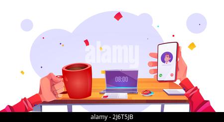 Human hands with coffee cup and phone at workplace background with laptop and pastry on desk. Morning, working day beginning concept with person holding mug and smartphone, Cartoon vector illustration Stock Vector