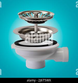 Exploded View of Sink Waste Fitting on a light blue background Stock Photo