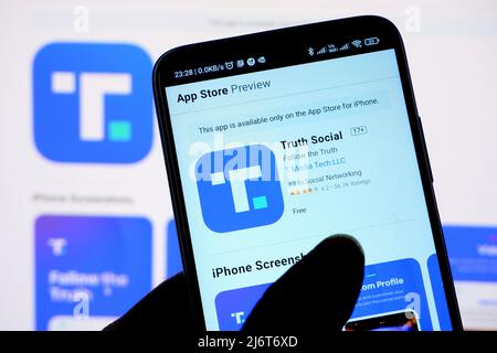 In this photo illustration, the Truth Social App logo on the app store seen displayed on a smartphone screen. (Photo by Avishek Das / SOPA Images/Sipa USA) Stock Photo