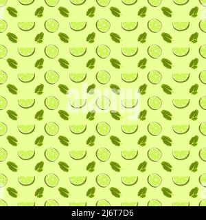 Seamless pattern with lime slices and mint leaves. Vector citrus fruit pattern. Summer design with juicy useful fruit. Vector pattern for fabric, pack Stock Vector