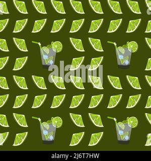 Seamless pattern with lime slices and glass of mojito cocktail. Vector citrus fruit pattern. Summer design with juicy useful fruit. Vector pattern for Stock Vector