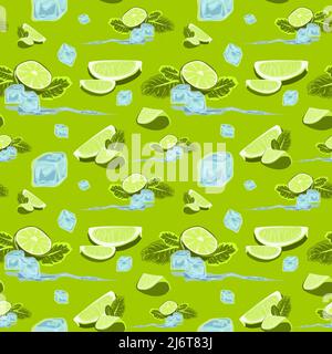 Seamless pattern with lime slices, mint leaves and ice cubes. Vector citrus fruit pattern. Summer design with juicy useful fruit. Vector pattern for f Stock Vector