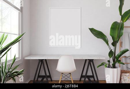 White picture frame mockup on the white wall. White working room design. Artwork poster mock-up. Minimalistics style interior with artwork mockup. Stock Photo