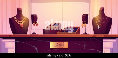 Jewelry shop display with gold necklaces on mannequins, rings with diamonds, wristwatch in box and earrings. Vector cartoon illustration of store showcase with golden jewellery on marble stand Stock Vector