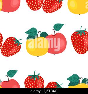 Apples and strawberries seamless pattern. Fruit print, vector illustration in flat style Stock Vector