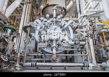 Gas compressor with piping and tubing accessories to compress gas and bost up pressure used in oil and gas and power generationindustry Stock Photo
