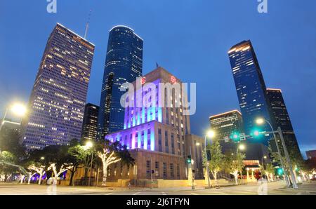 Downtown Houston skyline in Texas USA at twilight Stock Photo