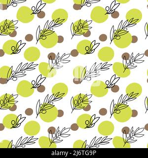 A seamless pattern of olive sprigs, drawn doodle elements in sketch style. Olive with berries and abstract spots on a white background. Olives Stock Vector