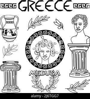 Set of ancient elements of Ancient Greece and Rome, hand-drawn in sketch style. Medusa Gorgon. Head of Perseus, vase with feat, laurel wreath, olive b Stock Vector