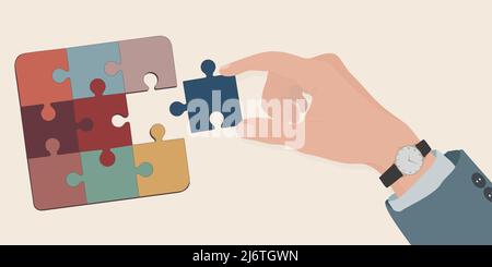 Hand of businessman holding a piece of jigsaw to complete a puzzle. Human resources concept. Job occupation and employment. Employee recruitment.Team Stock Vector