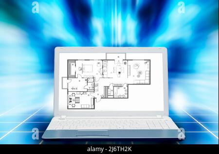 laptop with an architectural floorplan on screen Stock Photo