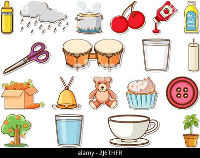 Sticker set of mixed daily objects illustration Stock Vector