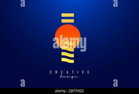 Letter I logo design with golden straight and zig zag lines. Vector illustration with wavy and sunset color lines and half circle. Stock Vector
