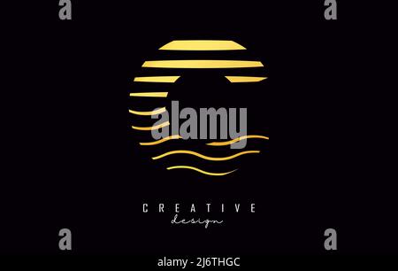 Letter C logo design with golden straight and zig zag lines. Vector illustration with sunset color lines. Stock Vector