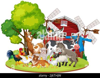 Farming theme with many animals illustration Stock Vector