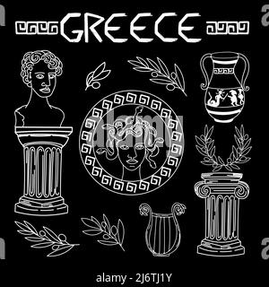 Set of ancient elements of Ancient Greece and Rome, hand-drawn in sketch style. Gorgon Medusa. Head of Perseus, vase with exploit, harp, laurel wreath Stock Vector