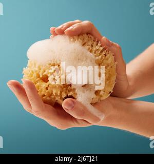 Hand of anonymous person holding foamy sponge on blue background Stock Photo