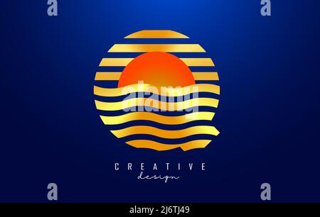 Letter Q logo design with golden straight and zig zag lines. Vector illustration with wavy and sunset color lines and half circle. Stock Vector