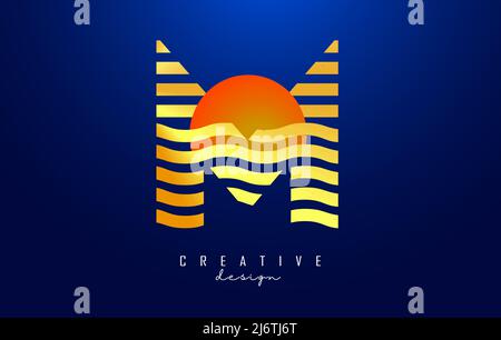Letter M logo design with golden straight and zig zag lines. Vector illustration with wavy and sunset color lines and half circle. Stock Vector