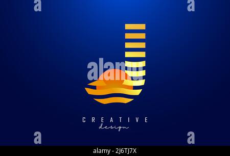 Letter J logo design with golden straight and zig zag lines. Vector illustration with wavy and sunset color lines and half circle. Stock Vector