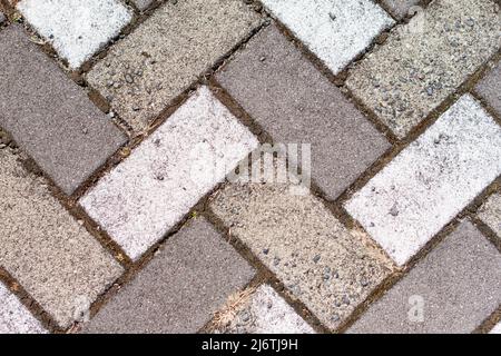 Closeup of sidewalk paved with rectangular white and gray tiles in top view. Stock Photo