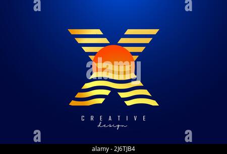 Letter X logo design with golden straight and zig zag lines. Vector illustration with wavy and sunset color lines and half circle. Stock Vector