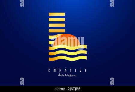 Letter L logo design with golden straight and zig zag lines. Vector illustration with wavy and sunset color lines and half circle. Stock Vector