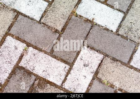Closeup of sidewalk paved with rectangular white and gray tiles in top view. Stock Photo