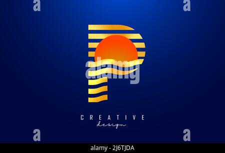 Letter P logo design with golden straight and zig zag lines. Vector illustration with wavy and sunset color lines and half circle. Stock Vector