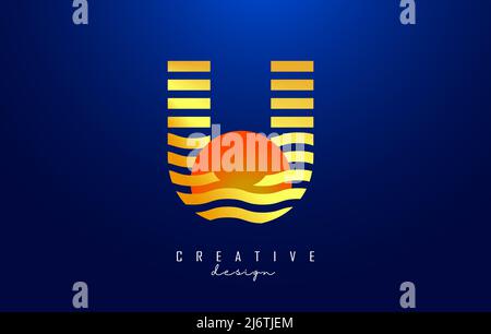 Letter U logo design with golden straight and zig zag lines. Vector illustration with wavy and sunset color lines and half circle. Stock Vector